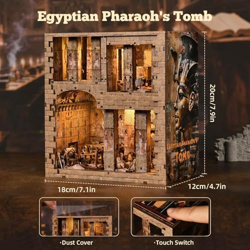 fifijoy Book Nook Kit - DIY Miniature Dollhouse for Adults and Teens, 3D Wooden Puzzle Booknook Tiny House Bookshelf Decor with LED Light, Gifts for Family, Friends (Egyptian Pharaoh’s Tomb) - Image 6