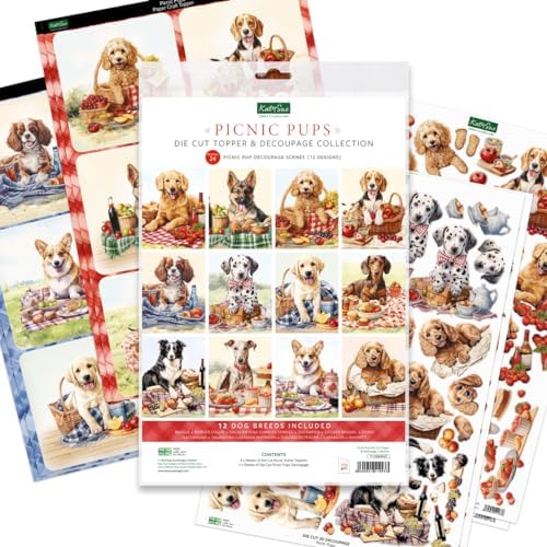 Katy Sue Designs Picnic Pups Die Cut Topper & Decoupage Collection. 4 Sheets of Dog-Themed Square Card Toppers & 4 Sheets of Matching Die Cut Decoupage Sheets for Card Making Supplies & Craft Supplies - Image 2