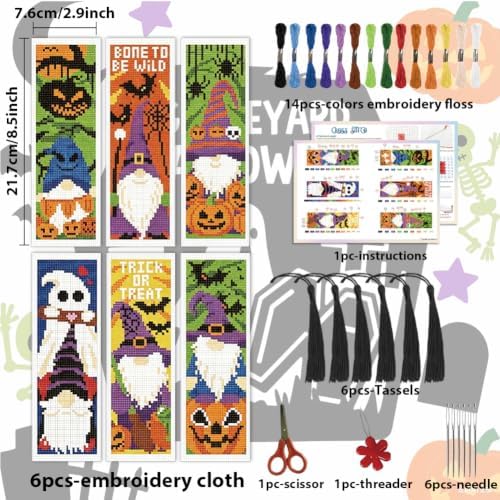 ACRNIGHEET 6PCS Cross Stitch Bookmark Kit (Halloween Dwarf Pattern) - Image 2
