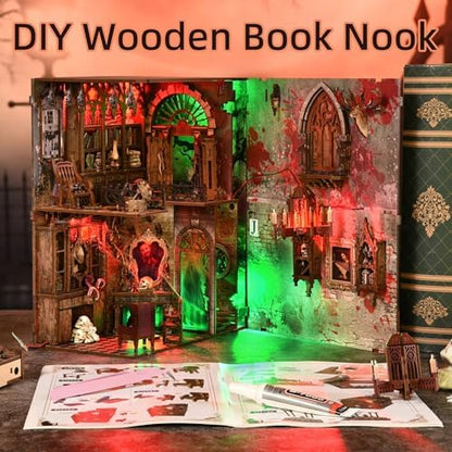 fifijoy Haunted Horror Book Nook Kit, DIY Miniature Dollhouse Halloween Booknook Kit, Spooky Creepy Scary 3D Wooden Puzzle Bookend Bookshelf Insert Decor with LED Light (Haunted Mansion) - Image 5