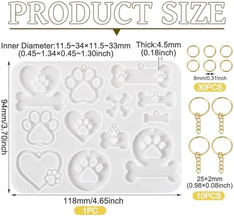 Resin Keychain Mold Epoxy Resin Molds for Keychain Making 1Pc Bone Dog Paw Heart Silicone Pendant Mold for Jewelry Making with 10Pcs Key Rings, 30Pcs Jump Rings - Image 2