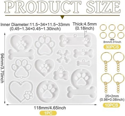 Resin Keychain Mold Epoxy Resin Molds for Keychain Making 1Pc Bone Dog Paw Heart Silicone Pendant Mold for Jewelry Making with 10Pcs Key Rings, 30Pcs Jump Rings - Image 2