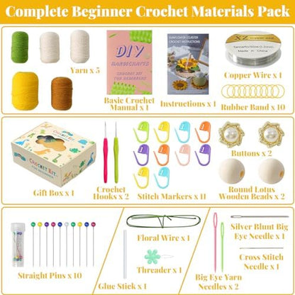LOMOHOO Crochet Kit for Beginners, 5PCS Crochet Coasters Kit, Sunflower Potted Plant Crochet Kit with Crochet Hook, Colorful Yarn, Stitch Marker, Instruction, Craft Lover DIY Material Tools(Sunflower) - Image 2