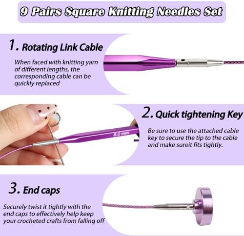 Yarniss 9 Pairs Square Circular Knitting Needles Set with Cable US 2.5~11 - Image 4