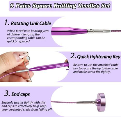 Yarniss 9 Pairs Square Circular Knitting Needles Set with Cable US 2.5~11 - Image 4