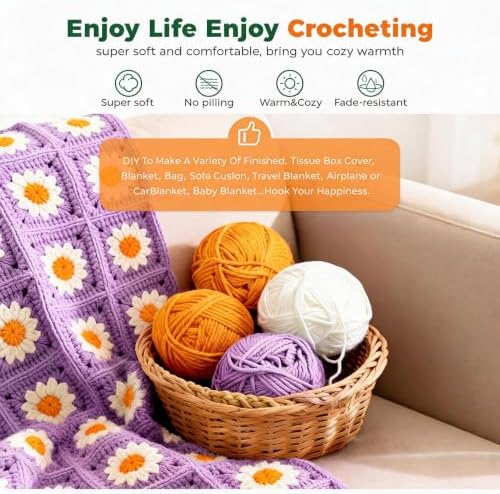 HHSarioneiro Crochet Blanket Kit for Beginners, Easy Granny Square Crochet Kit for Adults,with Step-by-Step Instructions and Clear Videos, Includes Multiple Accessories, Gift for Craft Lovers (Purple) - Image 4
