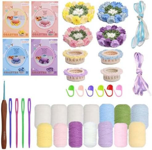 KyeeaDIY Crochet Kit for Beginners, Crochet Starter Kits, Coaster Flower Knitting Crocheting Kits with Step-by-Step Video Tutorials, Complete Crochet Kit for Adults Decoration by KyeeaDIY