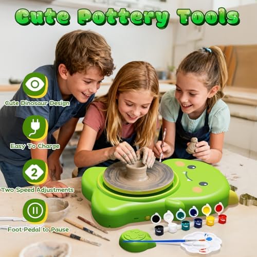 Pottery Wheel for Kids with Foot Pedal, Cute Dinosaur Kids pottery Kit - Image 6