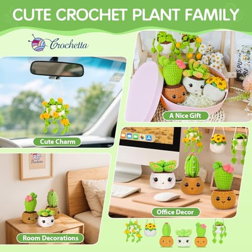 Crochetta Crochet Kit for Beginners, Crochet Starter Kits for Adults, Amigurumi Craft Knitting Crocheting Kits with Step-by-Step Video Tutorials, 6 Pc Hanging Potted Plants Family(40%+ Yarn - Image 6