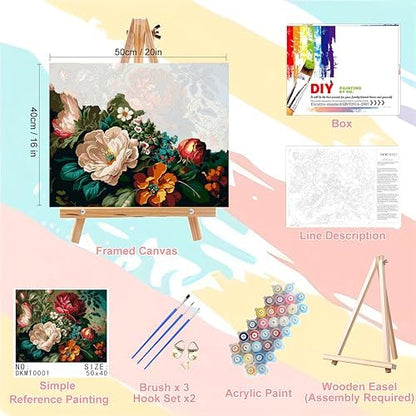 Peony Paint by Numbers for Adults with Framed Canvas - with Wooden Easel - Image 2