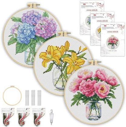 TCDZMYGS 3 Pack Stamped Cross Stitch Kits for Beginners-Flower,with Hoop by TCDZMYGS