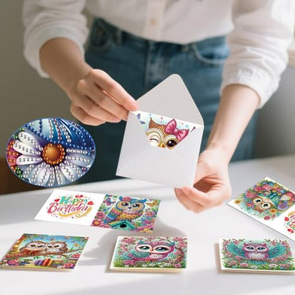 POETRYDRAW 6 Pack 5D DIY Diamond Art Painting Owl Greeting Card Kit, Diamond Birthday Holiday Greeting Card, Art Crafts Kit Creative with Envelope - Image 4