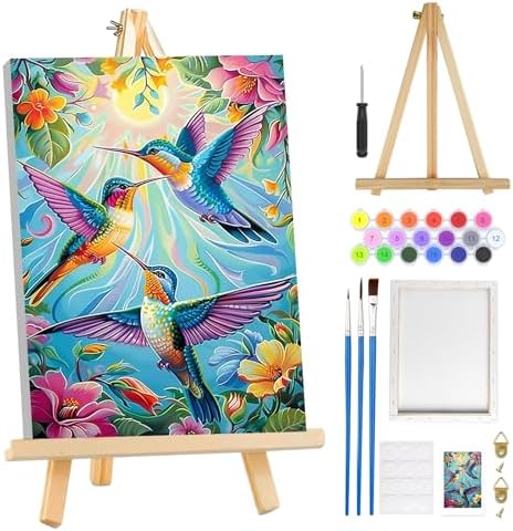 MOGTAA Paint by Numbers Kit for Adults with Frame, Hummingbird Paint by Number Canvas, Flowers Scenery Paint by Numbers with Easel, DIY Lanscape Oil Painting Kit for Home Wall Decor 8 x 12 Inch by MOGTAADIYHomeDecor