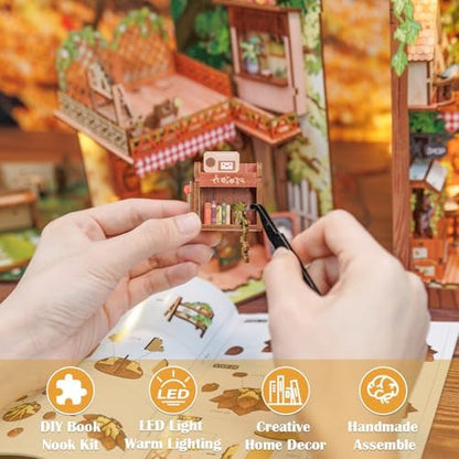 Cutefun Book Nook Kit, DIY Miniature Booknook Kit for Adults, 3D Wooden Puzzle Bookend Bookshelf Decor with LED Light & Dust Cover Creative Crafts Gifts for Book Lovers (Squirrel Collector) - Image 6