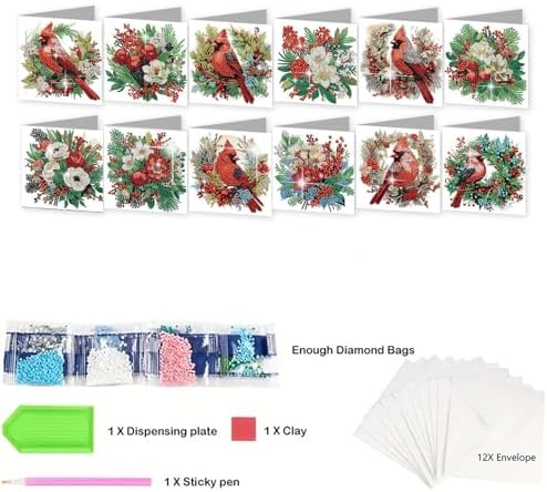 jinglinhh 12pcs Diamond Art Painting Christmas Cardinal Greeting Cards with Envelopes, DIY Card Making Kits for Adults, Diamond Art Christmas Cards for Birthday Holiday Postcards Craft Gifts - Image 3