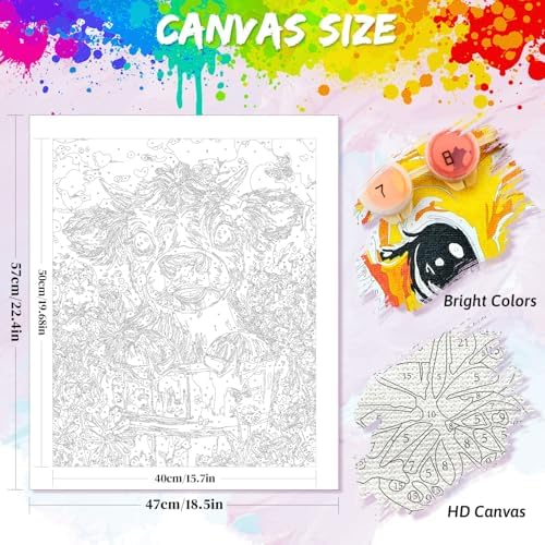 Yunnuo Cow Paint by Numbers Kit for Adults,Highland Cow Flowers Paint by Number Canvas,Acrylic Simple Painting by Numbers for Adults Beginners,Perfect for Home Wall Decor and Gifts(19.7x15.7 inches) - Image 2