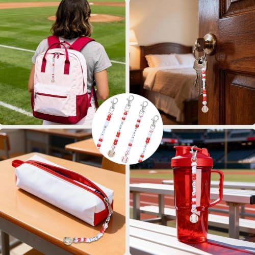 Tuhangcc 500 Pcs Baseball DIY Keychain Making Kit, Adjustable Letter Alphabet Beads Strings,8 Charm 16 Cards with Lobster Clasps & Strings for Sport Theme Party Favor Gift (Baseball) - Image 4