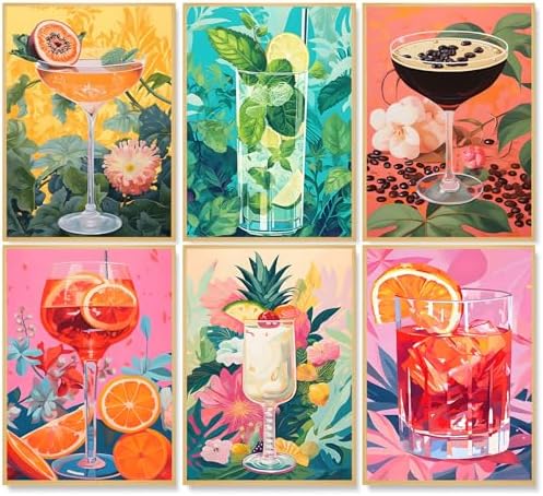 6 Pack Paint by Numbers Kit for Adults, Cocktail Drinks Canvas Painting Set by CamocinDIYKit