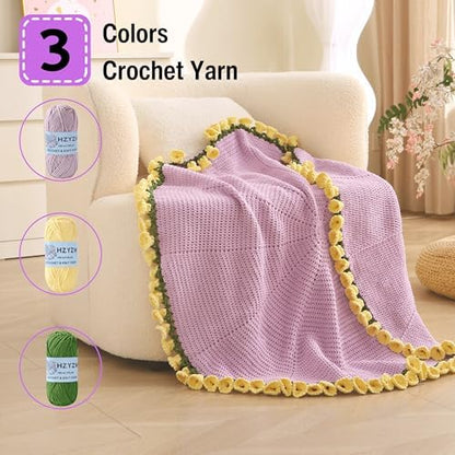 HZYZW Crochet Flower Blanket Kit for Beginners, 40'' Lily of The Valley Bouquet, Blanket Shawl Throw Kits for Adults, How to Knitting with Yarn, Home Decor Gifts for Crocheters (Purple-Yellow Lily) - Image 3