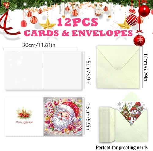 YOKUSHI 12 PCS Diamond Art Painting Christmas Greeting Cards with Envelopes, Snowman Craft DIY Card Making Kits for Adults Gifts (Red) - Image 2