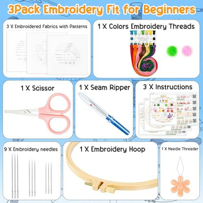 Ponpon 3 Sets Embroidery Kit for Beginners, Embroidery Kit for Adults with Follow Instruction, Cross Stitch Kits with Wooden Embroidery Hoops (Stlye F) - Image 2