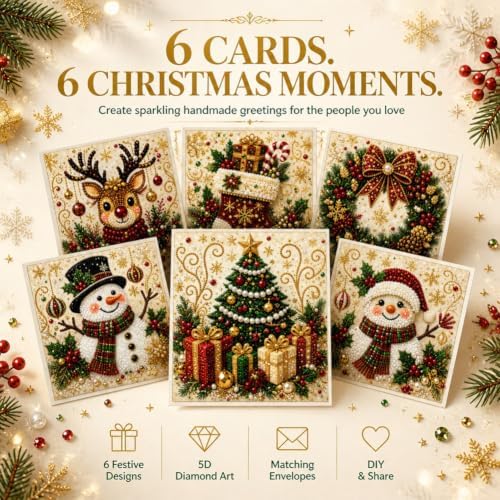 Diamond Art Painting Christmas Cards 6 Pack, 5D DIY Gem Greeting Card Kits - Image 3