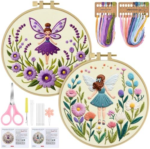ERKOON Embroidery Kit for Beginners, 2 Set Flower Cross Stitch Set Include Embroidery Cloth Hoops Threads for Craft Lover Hand Stitch with Embroidery Skill Techniques (Angel) by ERKOON