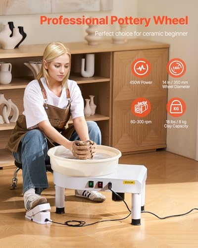 VEVOR 14in/35cm Pottery Wheel for Adults, 0-6in Lift-Table 450W Professional Pottery Kit with Foot Pedal Detachable Basin DIY Art Clay Potter's Wheel for Kids Adults Beginners at Home Pottery, White - Image 2