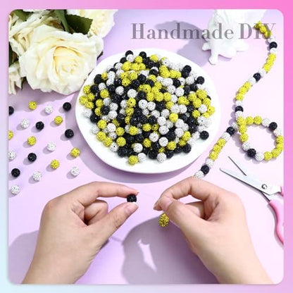 Dowarm 255PCS 10mm Rhinestone Beads for Baseball Rhinestone Necklace Bracelet Jewelry Making, Round Polymer Clay Beads for Crafts Beaded Pen, Shamballa Pave Disco Diamond Bead, Yellow|Black|White - Image 4