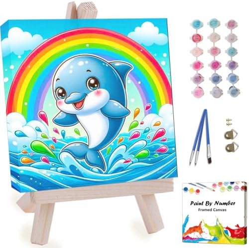Artunion Framed Paint by Numbers Kit for Adults Beginners & Kids Ages 8-12,Cute Dolphin Paint by Number with Frame,Ocean Animals Paint by Numbers Kit on Canvas 10 * 10 Inch Without Easel by ArtunionDriect