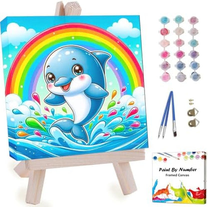 Artunion Framed Paint by Numbers Kit for Adults Beginners & Kids Ages 8-12,Cute Dolphin Paint by Number with Frame,Ocean Animals Paint by Numbers Kit on Canvas 10 * 10 Inch Without Easel by ArtunionDriect
