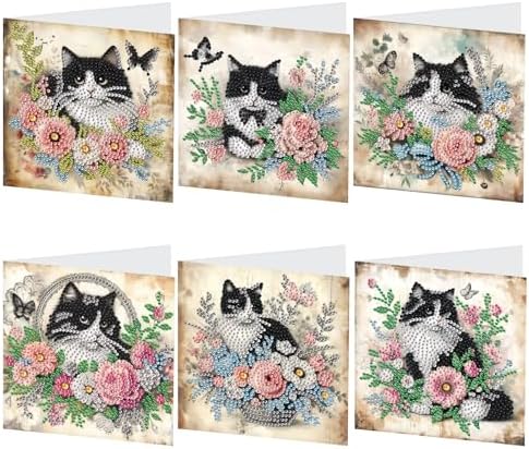 6pcs Diamond Art Painting Greeting Card, DIY Cat and Flower Diamond Art Greeting Cards for Blessings and Wishes Special Shaped Diamond Greeting Card Arts Crafts for Christmas Birthday Thanksgiving Day by MVVMTOP