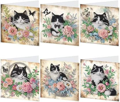 6pcs Diamond Art Painting Greeting Card, DIY Cat and Flower Diamond Art Greeting Cards for Blessings and Wishes Special Shaped Diamond Greeting Card Arts Crafts for Christmas Birthday Thanksgiving Day by MVVMTOP