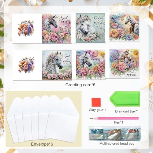 LazyFold 6Pcs DIY Diamond Art Painting Greeting Cards with Envelopes, White Horse All Occasion Note Card Kit for Women, Handmade Thank You Birthday Friendship Cards Gift - Image 3