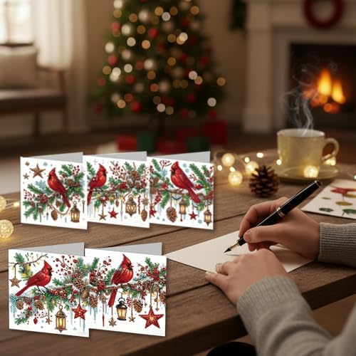 jinglinhh 6pcs Diamond Art Painting Christmas Cardinal Lantern Greeting Cards with Envelopes, DIY Card Making Kits for Adults, Diamond Art Christmas Cards for Birthday Holiday Postcards - Image 4