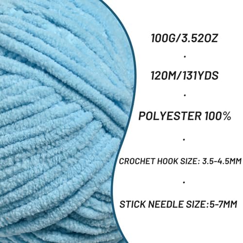 3 Packs Plush Chenille Chunky Crochet Yarn - Baby Yarn for Crocheting Soft - Velvet Yarns Knitting for Blankets Crafts - Fluffy Amigurumi Yarns 300g / 393yd (3 Azure) - Image 2