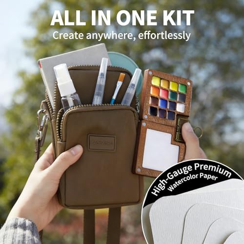 Mini Watercolor Paint Set, Travel Painting Kit with Walnut Wood Palette 15-Color, Crossbody Bag, Watercolor Journal, Metal Clip, Water Cup, Water Brush, for Artists, Beginners & Adults, Brown - Image 2
