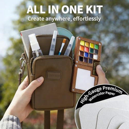 Mini Watercolor Paint Set, Travel Painting Kit with Walnut Wood Palette 15-Color, Crossbody Bag, Watercolor Journal, Metal Clip, Water Cup, Water Brush, for Artists, Beginners & Adults, Brown - Image 2