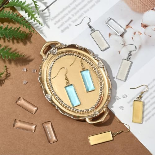 1 Box 60Pcs 20 Sets Earring Blank Tray Bezel Set Earring Blanks 10x25mm Rectangle Pendant Trays with Glass Cabochons Settings Silicone Ear Backs for Jewelry Making Supplies DIY Dangle Charms - Image 4