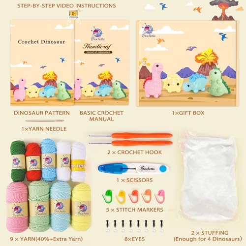 Crochetta Crochet Kit for Beginners, 4 PC Dinosaur Family (40%+ Yarn) - Image 5