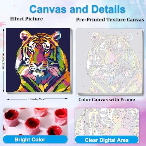 Artunion Framed Paint by Numbers Kit for Adults Beginners & Kids Ages 8-12,Colorful Tiger Paint by Number with Frame, Animals Paint by Numbers Kit on Canvas 10 * 10 Inch Without Easel - Image 3