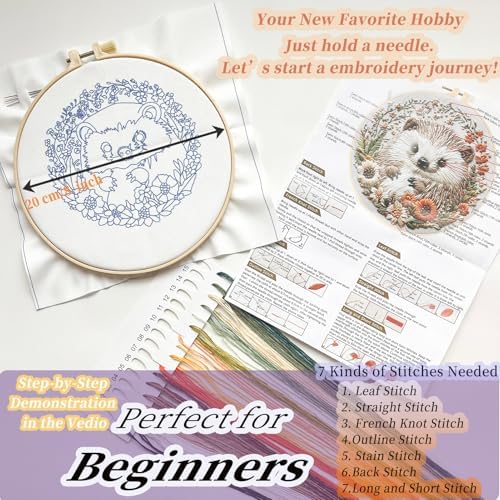 FONNUY Embroidery Kit for Beginners, Cute Hedgehog Stamped Embroidery Patterns Kits for Adults with Hoop, Easy to Follow Sewing Thread Needlework, 8'' Hoop (Tiny Ball) - Image 5