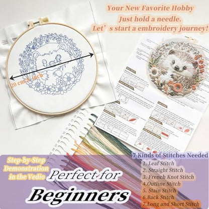 FONNUY Embroidery Kit for Beginners, Cute Hedgehog Stamped Embroidery Patterns Kits for Adults with Hoop, Easy to Follow Sewing Thread Needlework, 8'' Hoop (Tiny Ball) - Image 5