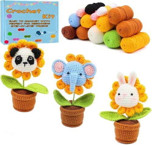 3 PCS DIY Flower Crochet Kit for Beginners Animal Potted Plants Starter Knitting Kit Complete Learn to Crochet Pot for Adults Art Craft Supplies Gift with Step-by-Step Video Tutorials and Pattern by Unknown
