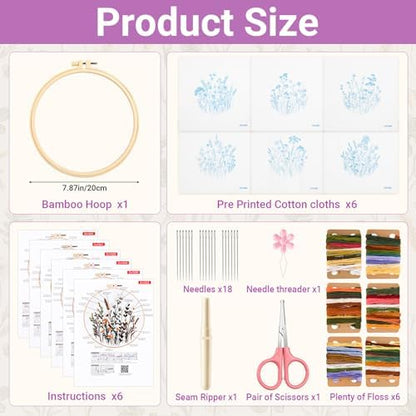Hokoad 6 Pack Embroidery Kit for Beginners Flower Cross Stitch Kits for Adults Complete Embroidery Starter Kit with Hoop Floral Stamped Pattern Needles Threads Instructions, Gift for Hand Craft Lover - Image 2
