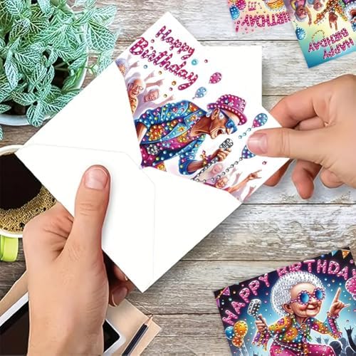 jinglinhh 6pcs Happy Birthday Old Couple Music Guitar Rock Diamond Art Painting Greeting Cards with Envelopes, DIY Card Making Kits for Adults, Diamond Art Postcards Christmas Cards Craft Gifts - Image 7