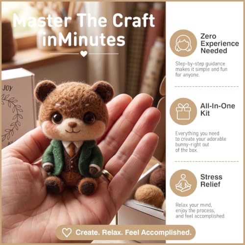 FACE N FACE DIY Needle Felting Kit Cute Gentleman Bear in Suit – Needle Felting Starter Kit with Fiber Roving, Needles, Felting Pad & Instructions | Felted Animal Character Kit for Beginners Adults - Image 3