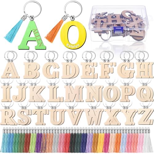Tondiamo 52 Pcs Personalized Letter Keychain Wood Engraving Blanks Keyring Name Keychain with Tassel Container for DIY Craft by Tondiamo
