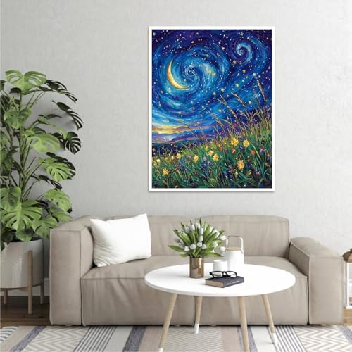 pchmcu DIY Starry Night Paint by Numbers Kits for Adults,Landscape Paint by Number for Adults Beginner Moon,Grassland Paint by Numbers Kits on Canvas Without Frame for Home Wall Decor 16x20inch - Image 2