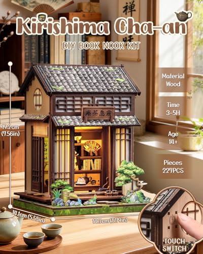 Book Nook, DIY Miniature House Kits for Adult, Japanese Booknook Tiny House, Decorative Bookends, Bookshelf Home Decor 3D Wooden Puzzles, Craft Gifts for Friends and Family (Tea House) - Image 2